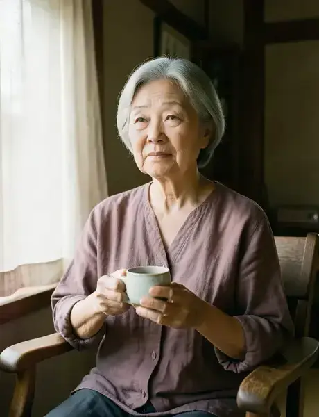 工房の創業者・渡辺百合子が朝の窓辺に座っている様子